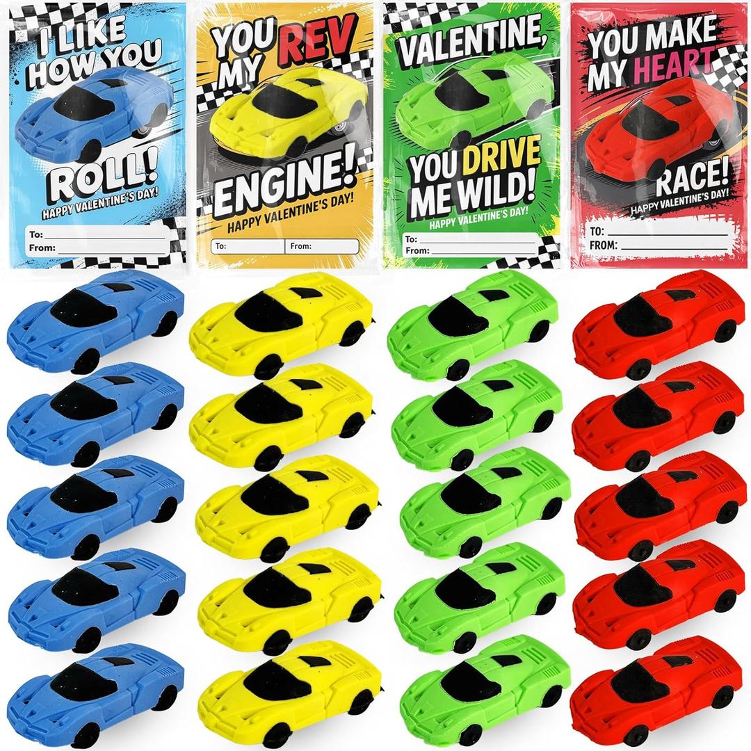 2 x 24pcs Valentines Day Cards for Kids School with Car Erasers,Valentines Day Gifts School Exchange for Kids Boys Girls Classroom Prizes Party Favors Toys