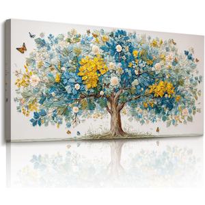 imjiayu Tree of Life Wall Art, Oversized Wall Art, Family Tree Wall Decor, Nature Butterfly Flower Plant Painting Prints, Modern Extra Large Pictures for Living Room Dining Room Office Hotel 29"x57"