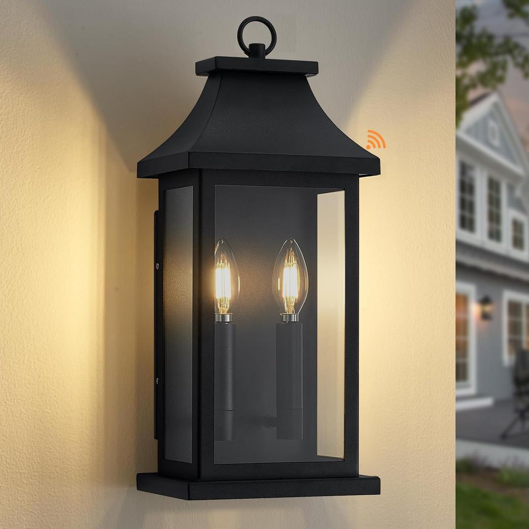 tewei 18'' Dusk to Dawn Outdoor Light Fixture, Porch Light Outdoor Wall Sconce Lights, 2-Light Black Exterior Lighting Fixture Wall Mount, Outside Light for House Garage, 1-Pack