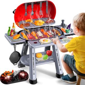 Kids Play Kitchen Toys Set: 68-Piece Pretend Grill BBQ Toy with Real Smoke, Sizzling Sound & Lights, Outdoor Cooking Set for Toddlers Ages 3-8, Birthday Gift for Boys & Girls