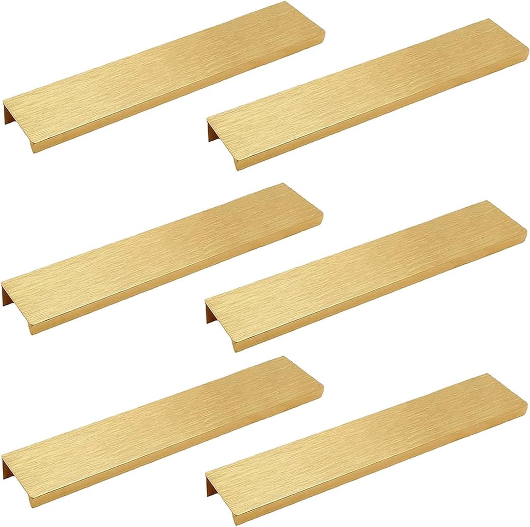 LC LICTOP Edge Pull Handles for Cabinets, 7.87 Inch Aluminum Alloy Finger Tab Pulls, Concealed Drawer Handles for Kitchen, Dresser, Wardrobe, 6.3 Inch Hole Spacing, 6Pcs Gold Edge Pulls (200mm/7.9")
