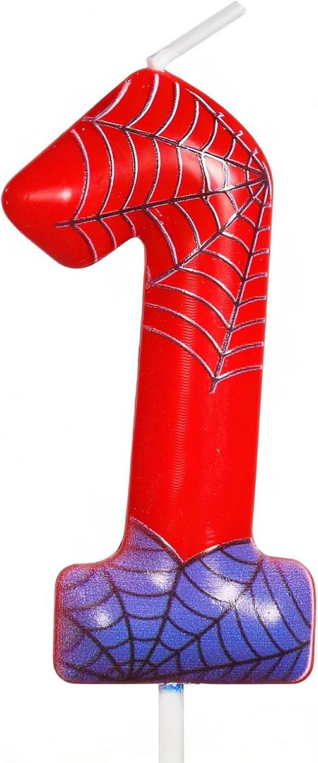 Red Blue Spider 1st Birthday Candles Number 1 Candle Cake Topper Spider Cartoon Themed Happy 1st Birthday Cake Decorations for Boys Girls Kids Party Supplies Spider Ornament Décor