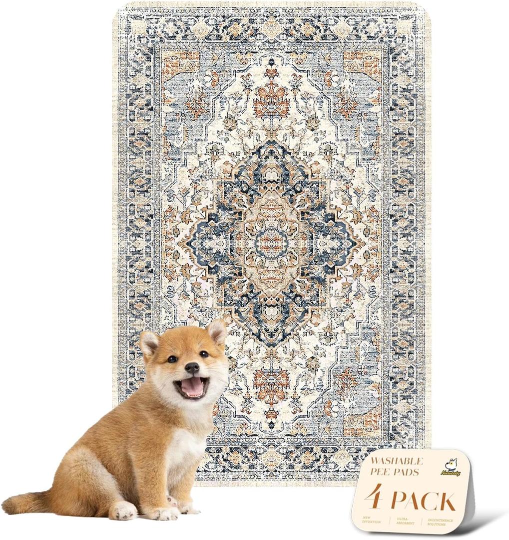 nunubaby 4PACK Washable Pee Pads for Dogs, Stylish, Non-Slip and Leak-Proof Pee Pads. Reusable Potty Pads for Dogs for Crates and Floors.(Beige/Multi, 24" x36")