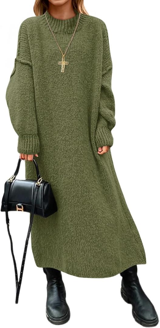 Saodimallsu Womens Oversized Sweater Dress Mock Neck Long Sleeve Casual Warm Chunky Knit Fall Winter Maxi Dresses (Small, Army Green)