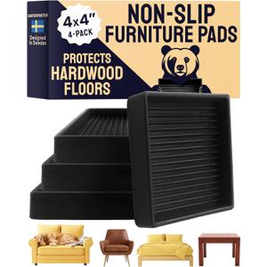 CasterMaster Square Rubber Caster Cups 4 Inch - Non Slip Furniture Pads for Hardwood Floors - Heavy Duty Bed Stoppers, Sofa Leg Protectors & Chair Feet Covers, Black 4 Pack