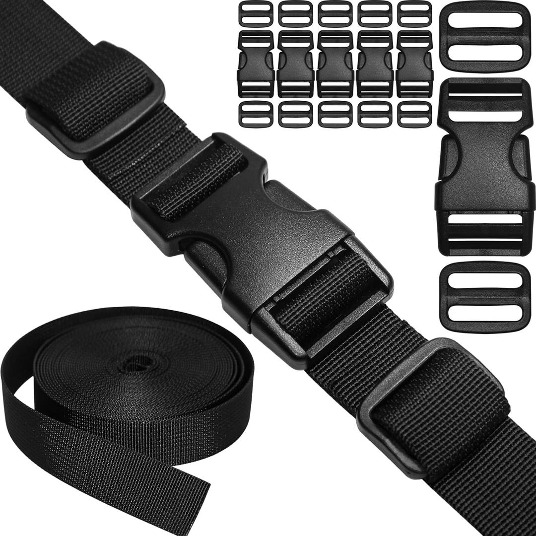 1" Straps and Buckles Set: 6 yard Nylon Webbing 1 inch (25 mm) Wide, 6 pack Side Release Buckle, 12 pcs Tri-Glide Sliders, Plastic Clip Quick Fastener Replacement Heavy Duty Dual Adjustable No Sew