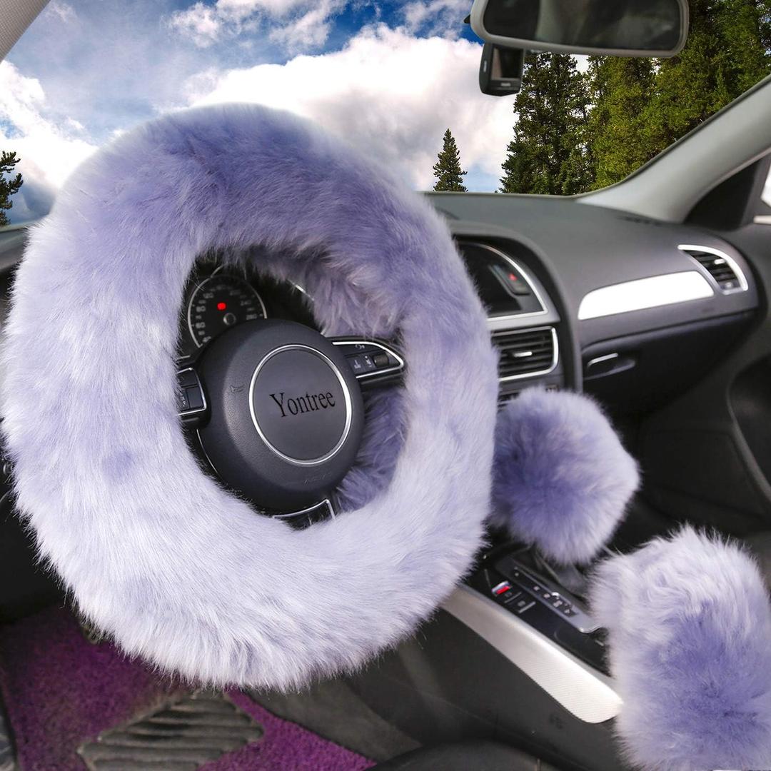 Yontree Fashion Fluffy Steering Wheel Covers for Women/Girls/Ladies Australia Pure Wool 15 Inch 1 Set 3 Pcs (Gray) (Long Hair)