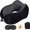 Airplane Travel Neck Pillow, 100% Memory Foam Ergonomic Neck Support, Airplanes Neck Pillow with Washable Cover Travel Essential for Flight & Office Include Eye Mask, Earplugs & Carry Bag (Black)