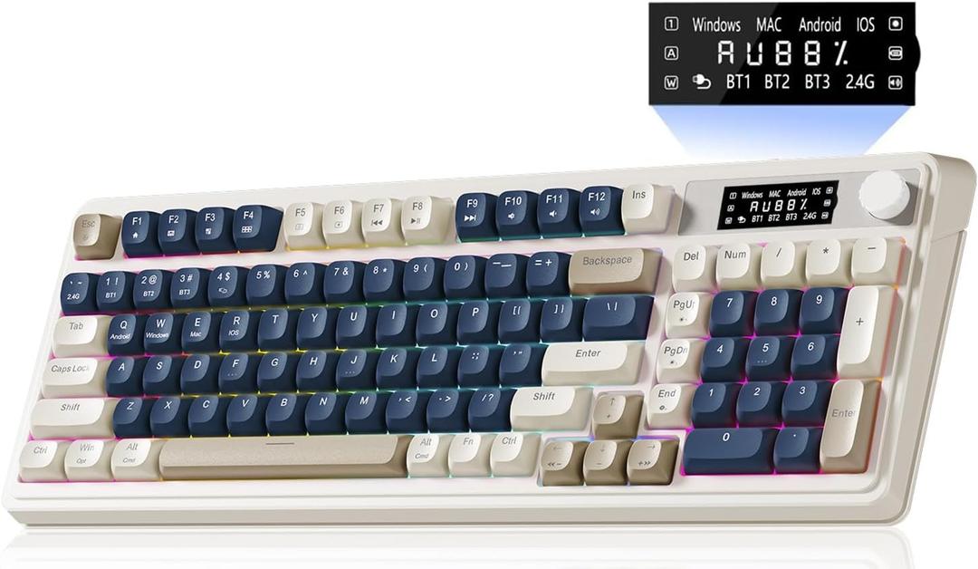 AULA S99 Pro Wireless Keyboard, Gaming Keyboards Media Knob Custom RGB Backlit, 3-Modes BT/2.4G/USB-C Membrane Cute Creamy Keyboard for Windows/MAC/PC Gamer - Blue White