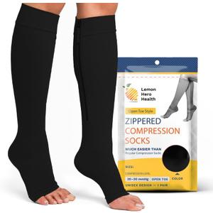 Compression Socks Men 20-30 mmHg - Open Toe Zippered Compression Stockings for Women, Improves Blood Circulation, Prevents Leg Swelling, Shin Splints, and Edema - 2XL, Black [1 Pair]