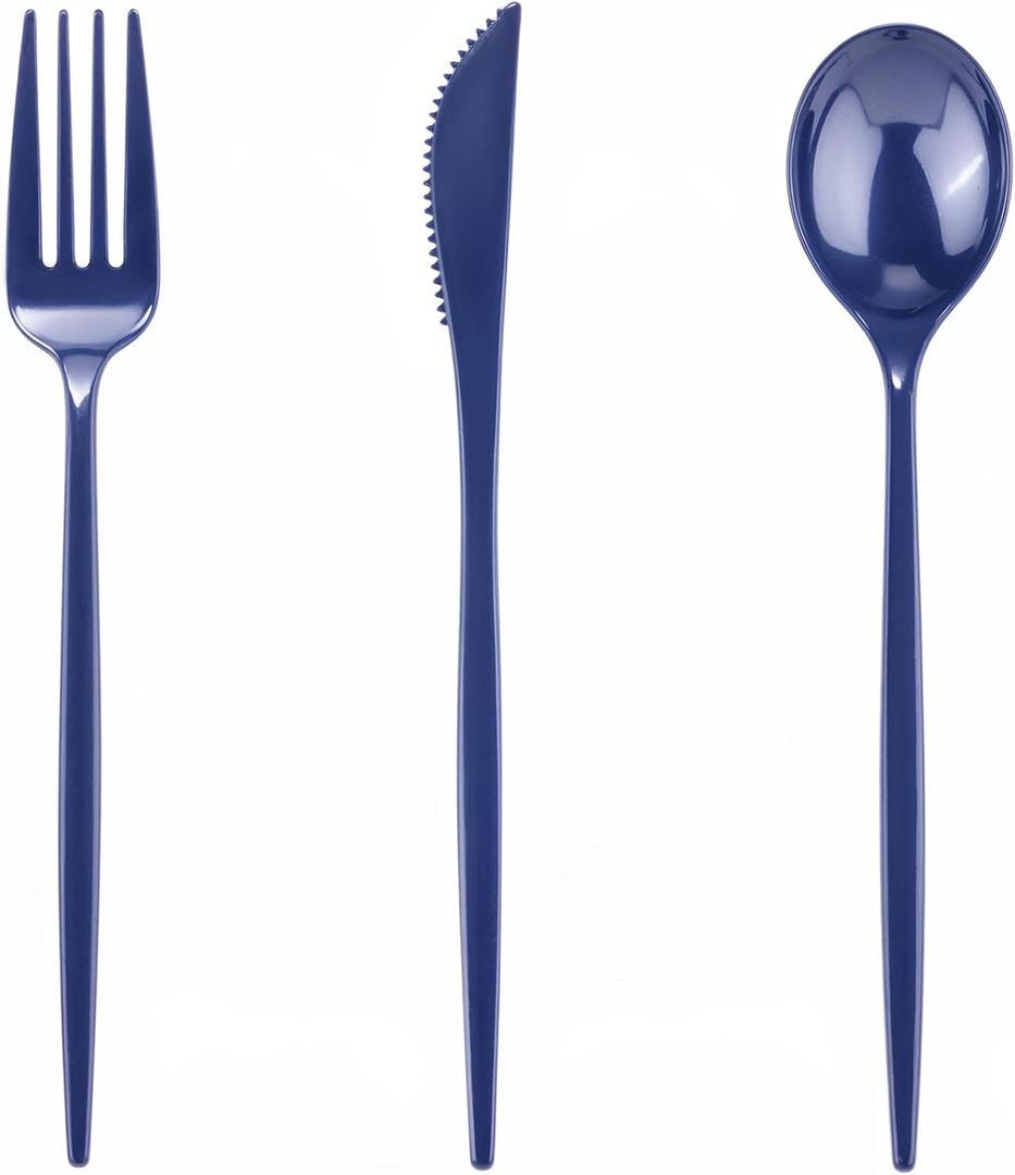 PULOTE 150PCS Blue Plastic Silverware Set - Plastic Cutlery Disposable - Heavy Duty Blue Plastic Utensils Include 50 Forks, 50 Knives,50 Spoons for Party&Graduation