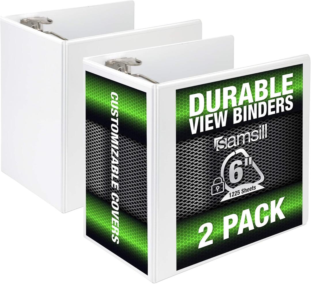 Samsill Durable 6 inch 3 Ring Binder, Locking D Ring 100% Recycled Chipboard, White, 2 Pack