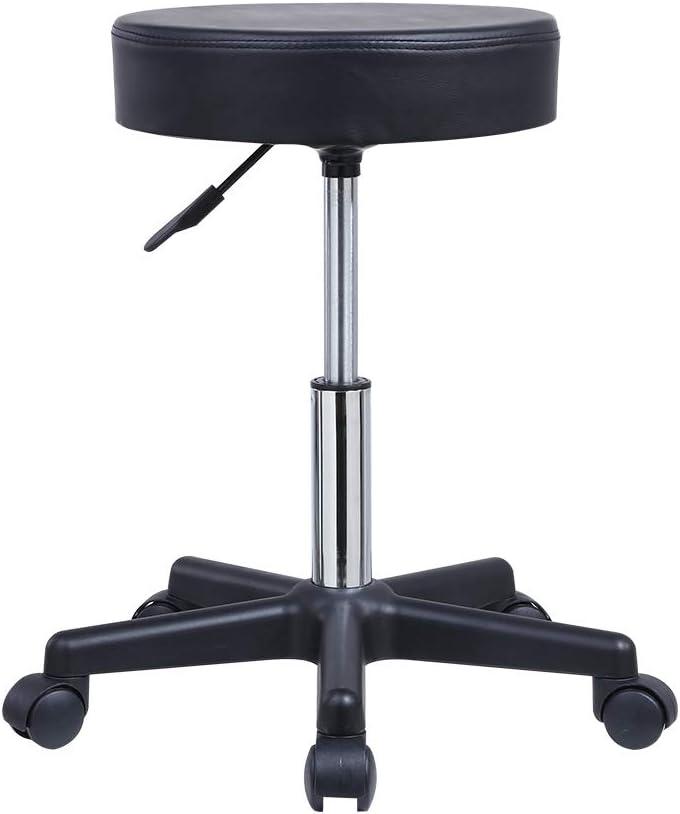 KKTONER Round Rolling Stool PU Leather Height Adjustable Swivel Drafting Work SPA Salon Stools Chair with Wheels, Black