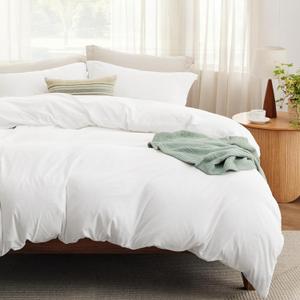 Bedsure Duvet Cover Queen Size with Fitted Sheet - 4 Pieces Prewashed Polyester Extra Soft Bedding Set, Includes 1 Duvet Cover 90''x90'' with Zipper Closure, 2 Pillow Shams, 1 Fitted Sheet, White