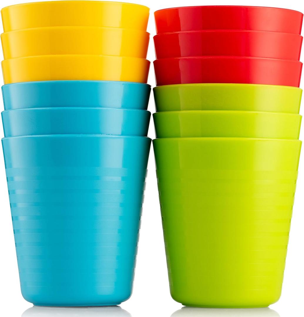 Kids Cups - Set of 12, 8 oz Plastic Cups Reusable - Dishwasher Safe - BPA-Free for Kids & Toddler