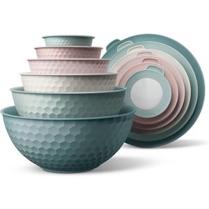 COOK WITH COLOR Mixing Bowls with Lids - 12 Piece Plastic Nesting Bowls Set includes 6 Prep Bowls and 6 Lids, Non Slip Bottom and Embossed Design - Microwave Safe (Teal)