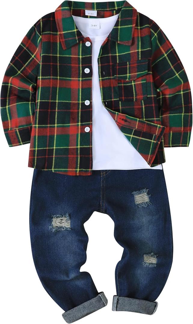 Renotemy Toddler Boy Clothes Fall Winter Outfits 3Pcs Fashion Flannel Shirts Ripped Jeans Pants Kids Boys Clothing Sets (6-7 Years, Dark Green)