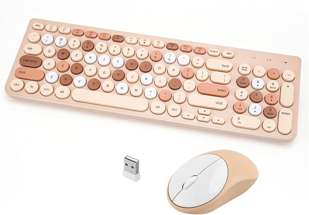Wireless Keyboard and Mouse Combo, Retro Typewriter Keyboard with Round Keycaps, 2.4GHz USB Cute Wireless Keyboard Mouse for Computer, Desktop, Laptop (Milk Tea Colorful)