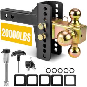 Adjustable Trailer Hitch - Drop Hitch - Tow Hitch with 2" Receiver | 6" Drop/Rise Ball Hitches (1-7/8", 2" & 2-5/16") for Trucks, 20,000 LBS GTW, Trailer Hitches with Anti-Theft Pin, Black