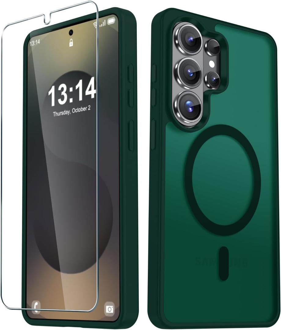 YENAPOON for Samsung Galaxy S26 Ultra Case, Matte Magnetic Phone Cover [with 1 Screen Protector] [Support for MagSafe] [Shockproof Military Grade Protection] Translucent Frosted Back, Dark Green