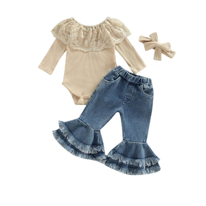 fhutpw Newborn Baby Girl Clothes Infant Rib Frill Long Sleeve Romper Flared Pants Headband Set 6/9M