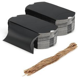 MANCHAP 100Pcs 5 x 3.4 Inch Black Pillow Boxes with Jute Twines, Large Cardboard Pillow Box, Pillow Candy Favor Box for Birthday, Wedding, Parties