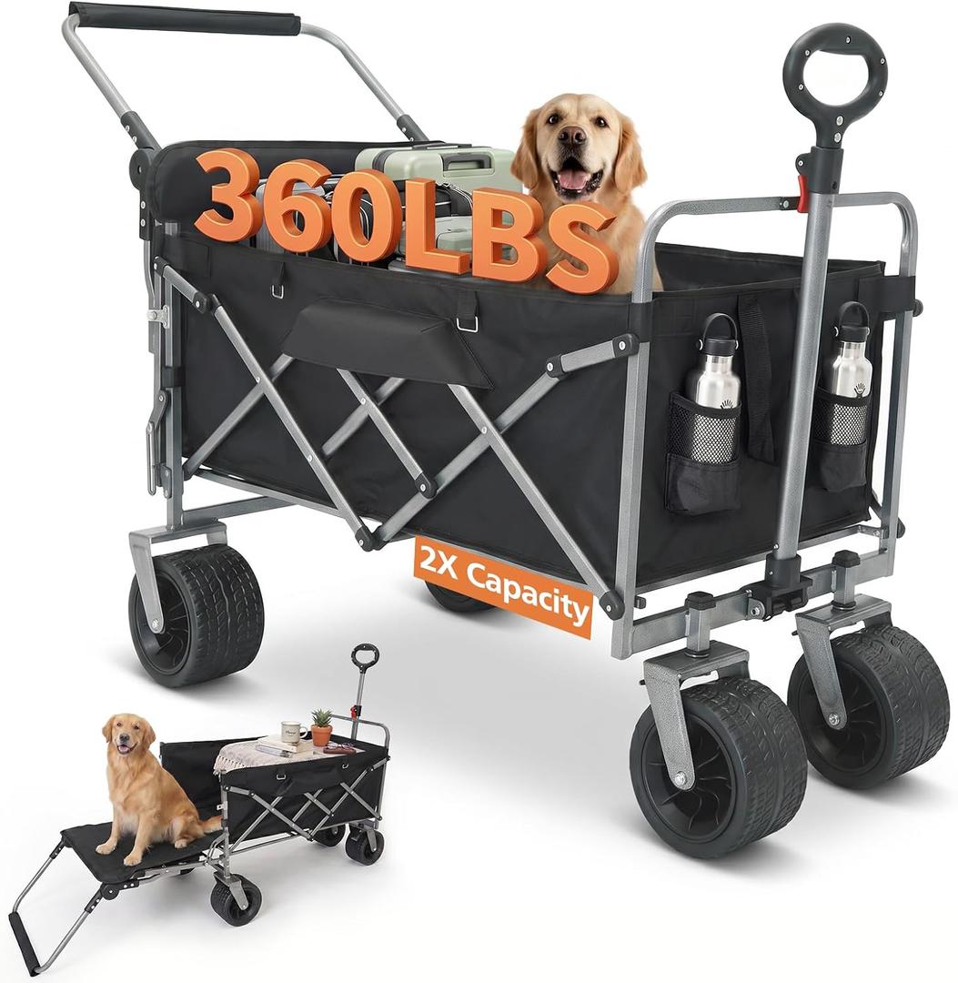 Collapsible Push & Pull Wagon with Drop Down Tailgate, 360lbs Heavy Duty Folding Shopping Cart with Big Wheels & Brakes for Sports, Groceries, Camping