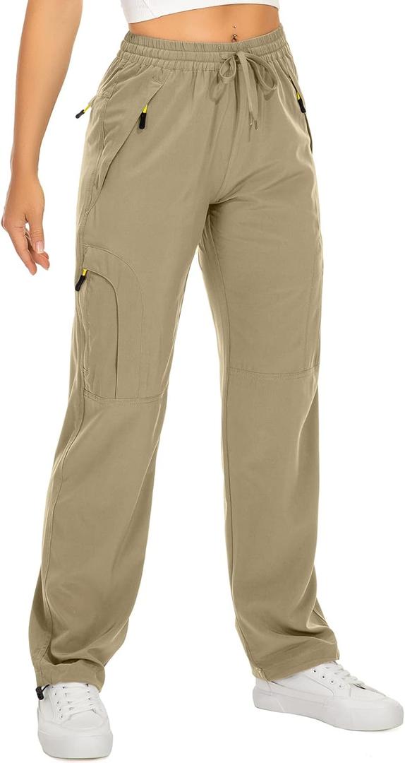 Womens Hiking Pants Quick Dry UPF 50 Lightweight Travel Golf Cargo Safari Pants Zipper Pockets (Large, Khaki)