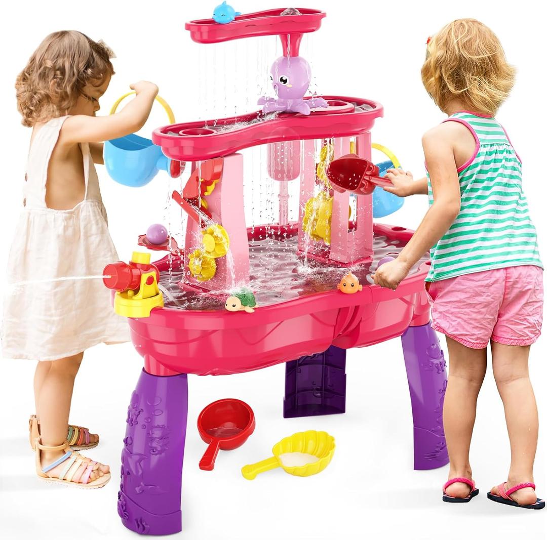 Water Table for Toddlers 3-5, 3-Tier Kids Splash Sand Table Water Toys, Rain Showers Splash Pond for Outdoor Beach Backyard Summer, Activity Sensory Play Table for Girls, Pink