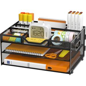 3-Tier Letter Paper Tray Desk Organizer, Black Desktop File Rack Holder with 3 Drop in Pencil Holder and Sliding Tray for Office Classroom and Home Supplies Organization Storage