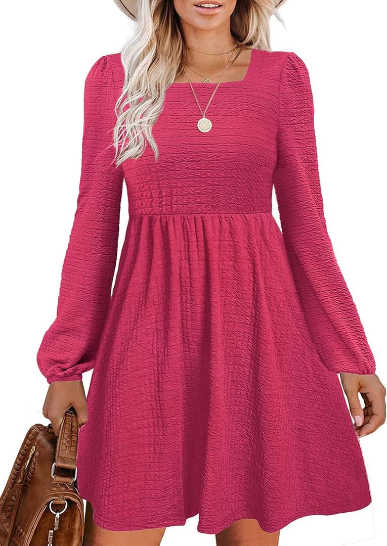 Womens Babydoll Dresses Square Neck Long Sleeve Knee Length Flowy Swing Shirring Mini Dresses Fall Dress (Medium, Hot Pink)
