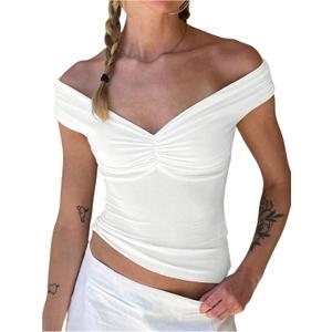 MakeMeChic Women's Off The Shoulder Ruched Short Sleeve Summer Tee Shirt Crop Tops (L)