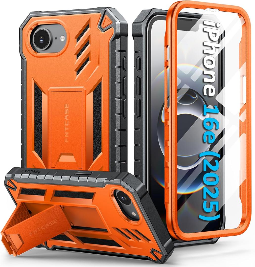 FNTCASE for iPhone 16e Phone Case: Military Grade [Built-in Screen Protector] [Kickstand] Matte Textured Drop Proof Protection Cover | Rugged Shockproof TPU Protective Sturdy Cases 2025 - Orange