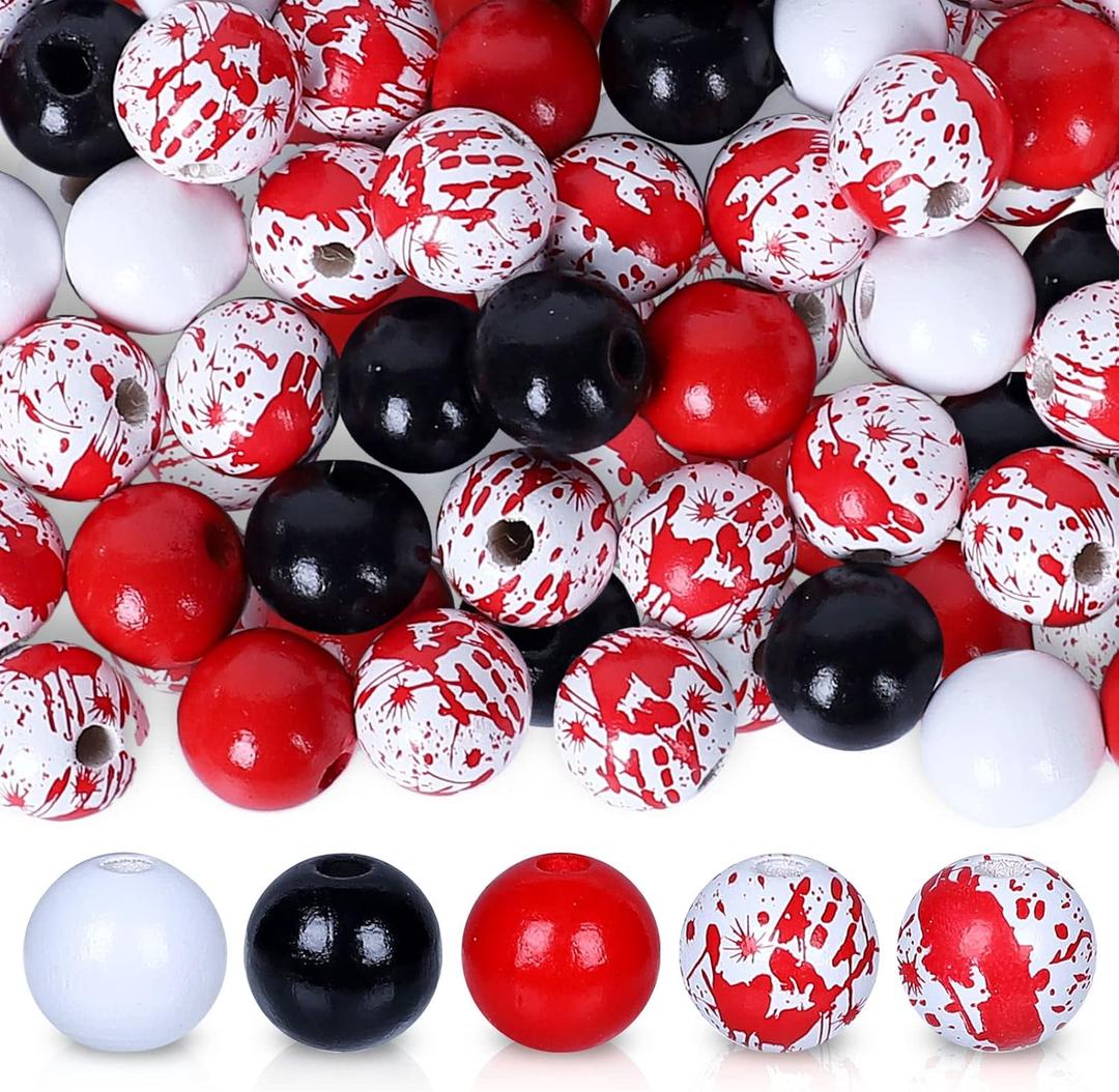 2 x Whaline 150Pcs Halloween Wood Beads Set Red Black White Wooden Focal Beads Blood Splash Wood Beads Halloween Craft Spacer Beads for DIY Decoration Supplies Bead Garland Making