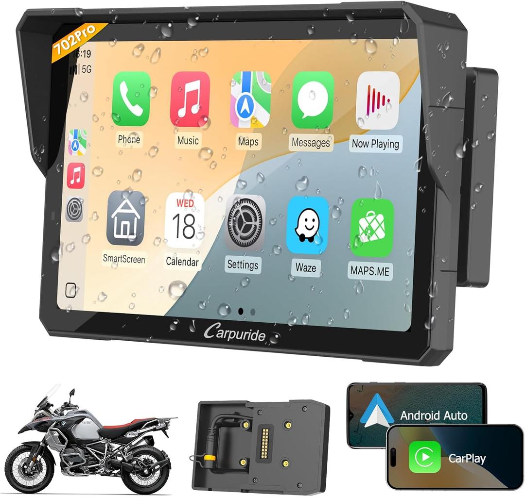 Carpuride W702B PRO Motorcycle Carplay Screen for BMW R1200GS R1250GS S1000XR Motorcycle, 7 inch Waterproof Touchscreen, Portable Carplay/Android Auto GPS Navigation for Motorbike, Dual Bluetooth