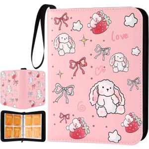 Card Binder 4 Pocket, Trading Card Holder Fits 400 Cards With 50 Removable Sleeves, Portable Collection Card Ablum, Game Card Case book With Zipper for Gift, Pink Cute Rabbit