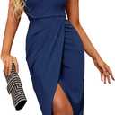 One Shoulder Formal Dress Ruched Cocktail Party Midi Dresses (Blue, L)