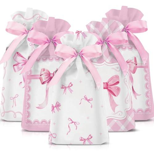 Blosssound 48 Pcs Pink Bow Candy Bags 9.1 x 5.9 Inch Coquette Drawstring Plastic Treat Gift Goodie Bag Bulk for Birthday Weddings Bridal Shower Engagement Party Supplies