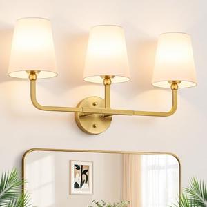 MOKATNG Bathroom Light Fixtures, 3-Light Brushed Gold Vanity Lights, Bathroom Lighting Fixtures Over Mirror with Flared White Fabric Shade, Modern Wall Sconces for Living Room Hallway