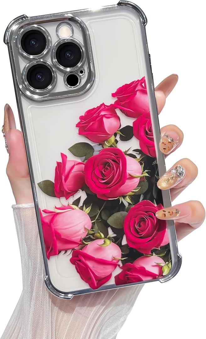 Yeddabox Compatible for iPhone 15 Pro Max Case, Clear Rose Flower Electroplated Cover with Airbag Shockproof Slim Soft TPU Phone Case for Women Girls, Sliver