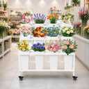 PROLEE Flower Display Stand with 12 Buckets, Flower Stand Metal with Wheels, Flower Cart 3 Layers, Flower Stand Metal with Wheels, Moving Florist Bouquet Shelf, Rectangular Rack, White
