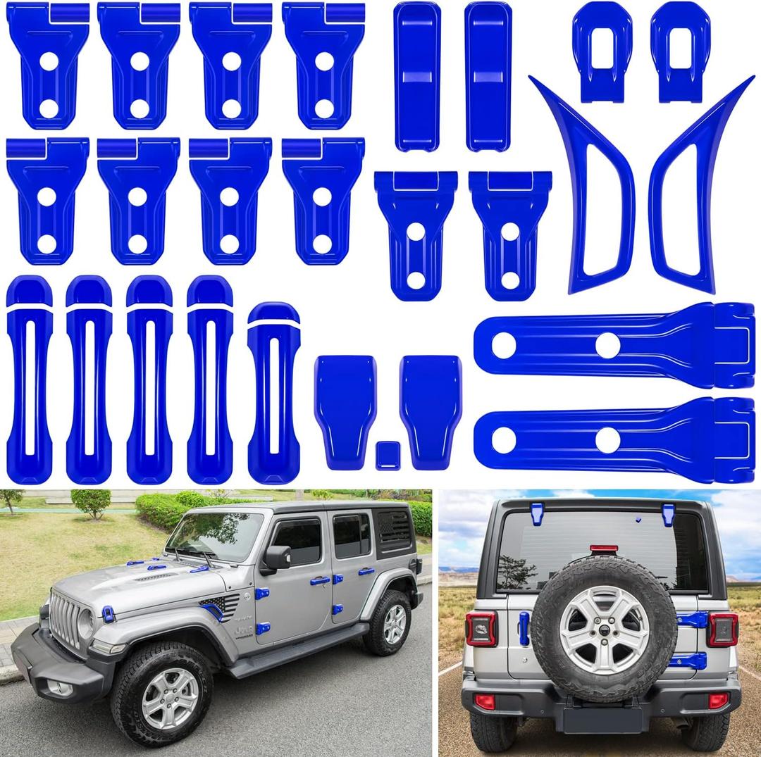 26PCS Full Set Exterior Decoration Trim Kit for Jeep Wrangler JL JLU 2018-2023 Door Hinge Handle Engine Hood Hinge Hood Latch Wheel Eyebrow Side Air Outlet Rear Tailgate Window Hinge Cover (Blue)