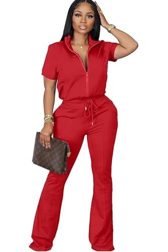 OCEANLUX Women's Lounge Tracksuit Set Two Piece Full Zip Up Short Sleeve Jacket & Drawstring pants Outfits Size Small, Red