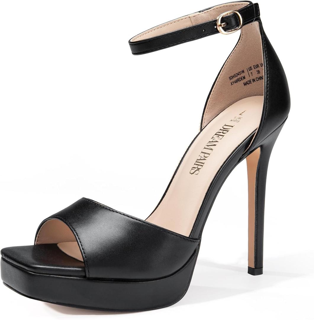 DREAM PAIRS Women's Stiletto High Heels Platform Ankle Strap Square Open Toe Dress Sexy Sandals (7.5, Black-pu)
