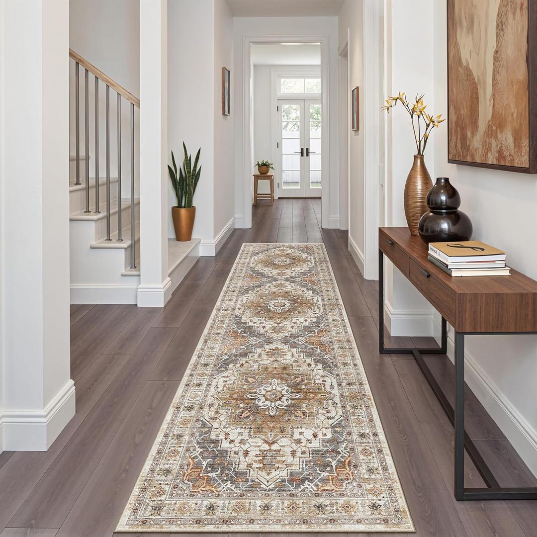 Madane Runner Rug 2x8, Washable Hallway Runner Rugs, Non-Slip Low-Pile Soft Kitchen Rug Runner Laundry Room Rug, Vintage Throw Entry Foyer Mat for Entrance Living Room (Turmeric/Grey, 2 x 8)