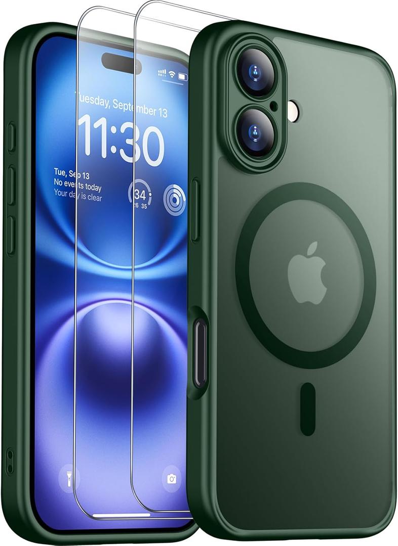SPIDERCASE Magnetic for iPhone 16 Plus Case,with 2 Pcs [Tempered Glass Screen Protector] Translucent Matte Back Slim Shockproof Protective Phone Case for iPhone 16 Plus 6.7'',Green