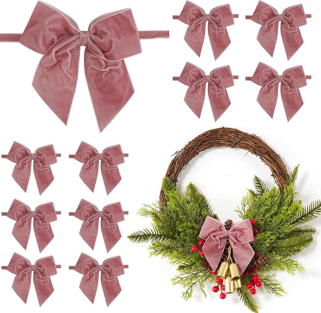 12 PCs Dusty Rose Velvet Ribbon Bow 5'' Pre Tied Bows, Pink Valentines Day Bows for Tree, Party Favor, Gift Wrapping, Premade Vintage Velvet Bow for Wreaths, Bouquets, Treat Bag