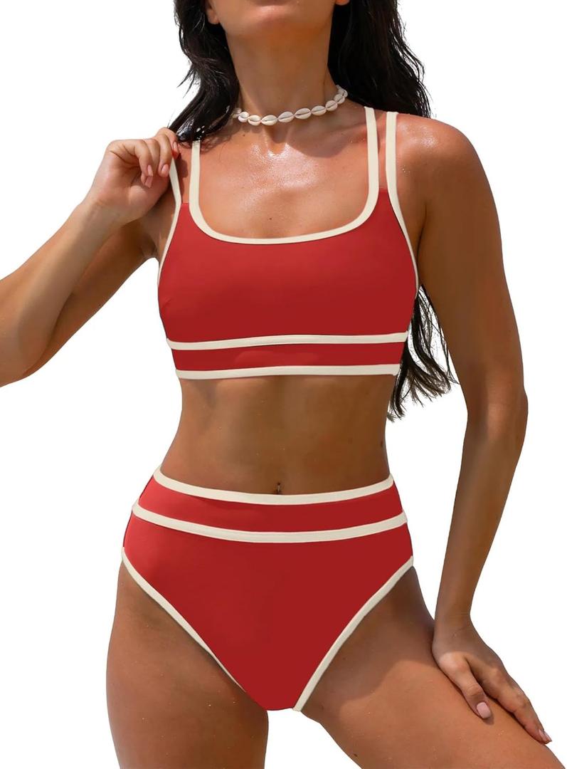 popvil Women's High Waisted Bikini Sets Neon Two Piece 2026 Swimsuit Sporty Adjustable Straps Bathing Suit (Red, Small)