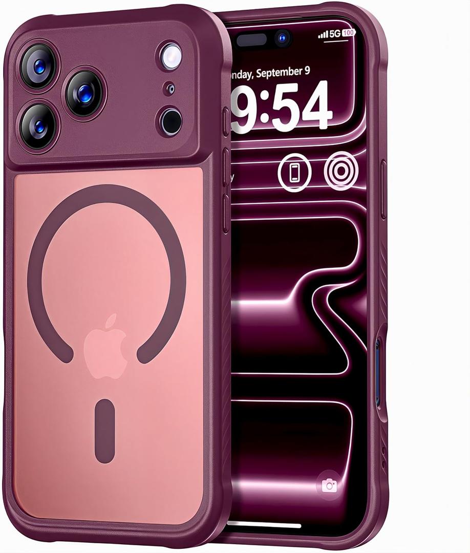 Thomo Magnetic for iPhone 17 Pro Max Case, [Compatible with Magsafe] [Full Camera Protection] Translucent Matte Military Grade Shockproof with Anti-Fingerprint Phone Cover 2025, Wine Red