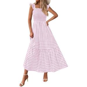PRETTYGARDEN Womens Summer Dress Casual Square Neck Ruffle Strap Gingham Smocked Midi Flowy A Line Beach Vacation Sun Dresses, Size Large,